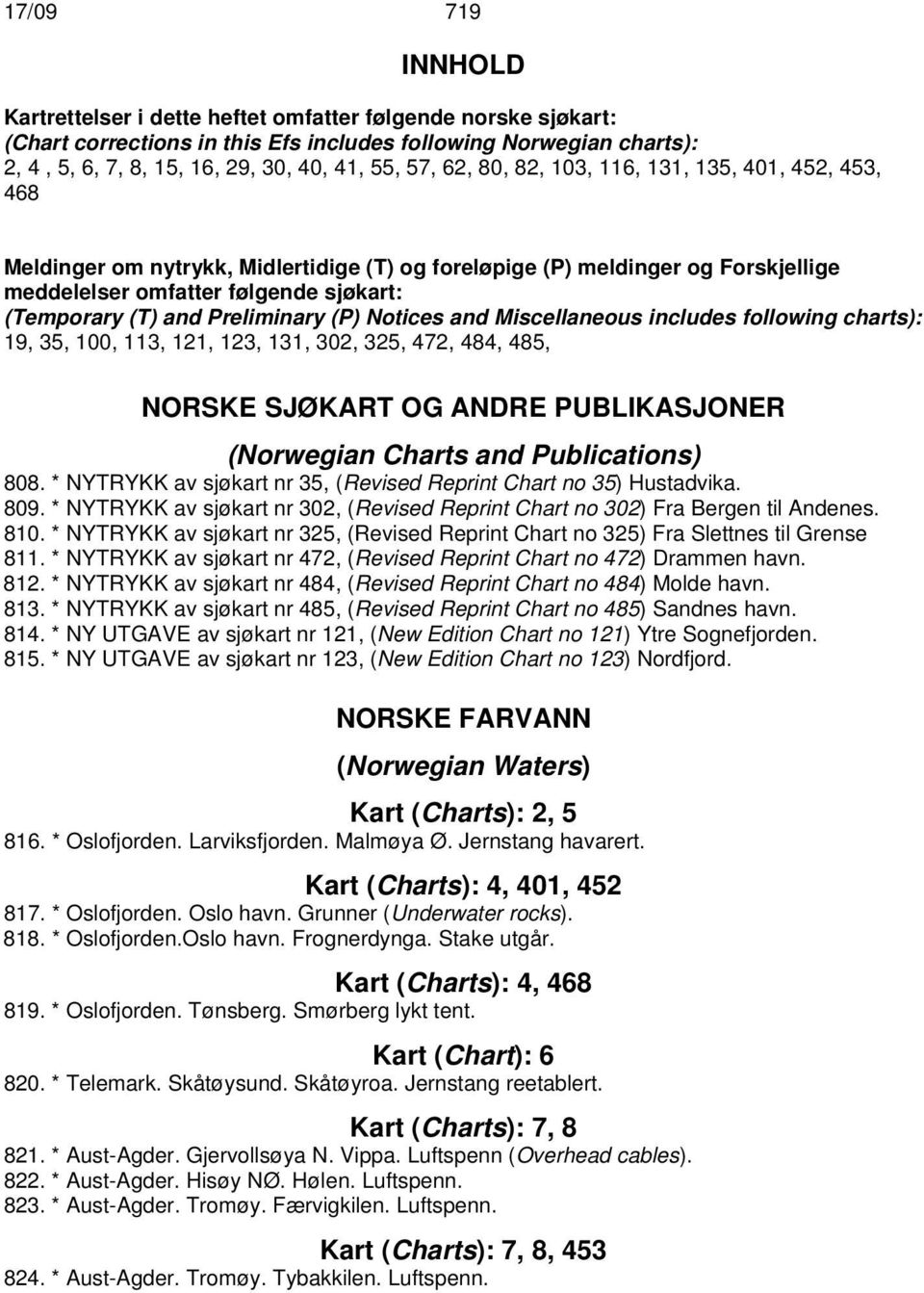 Preliminary (P) Notices and Miscellaneous includes following charts): 19, 35, 100, 113, 121, 123, 131, 302, 325, 472, 484, 485, NORSKE SJØKART OG ANDRE PUBLIKASJONER (Norwegian Charts and