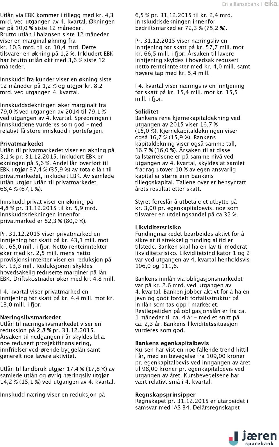 8,2 mrd. ved utgangen 4. kvartal. Innskuddsdekningen øker marginalt fra 79,0 % ved utgangen av 2014 til 79,1 % ved utgangen av 4. kvartal. Spredningen i innskuddene vurderes som god med relativt få store innskudd i porteføljen.