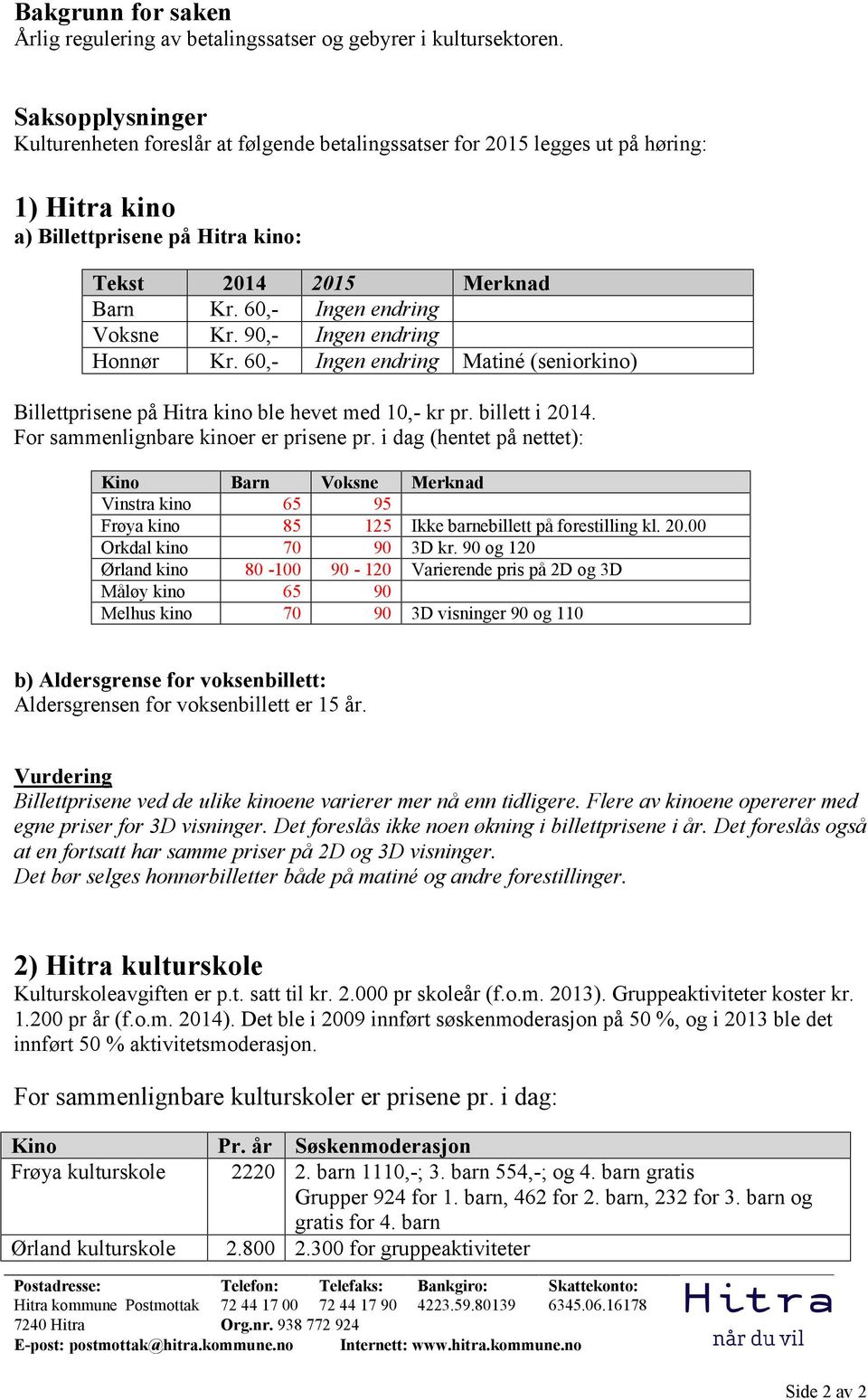 60,- Ingen endring Voksne Kr. 90,- Ingen endring Honnør Kr. 60,- Ingen endring Matiné (seniorkino) Billettprisene på Hitra kino ble hevet med 10,- kr pr. billett i 2014.