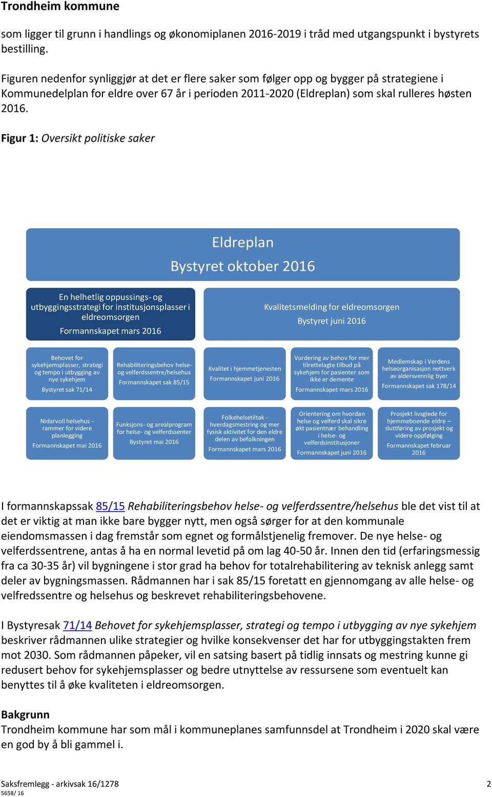 Figur 1: Oversikt politiske saker Eldreplan Bystyret oktober 2016 En helhetlig oppussings- og utbyggingsstrategi for institusjonsplasser i eldreomsorgen Formannskapet mars 2016 Kvalitetsmelding for