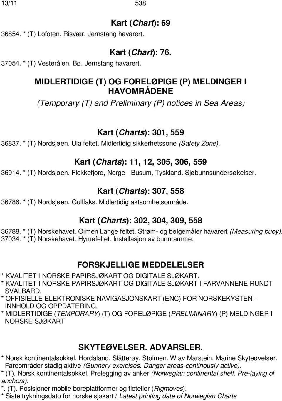 MIDLERTIDIGE (T) OG FORELØPIGE (P) MELDINGER I HAVOMRÅDENE (Temporary (T) and Preliminary (P) notices in Sea Areas) Kart (Charts): 301, 559 36837. * (T) Nordsjøen. Ula feltet.