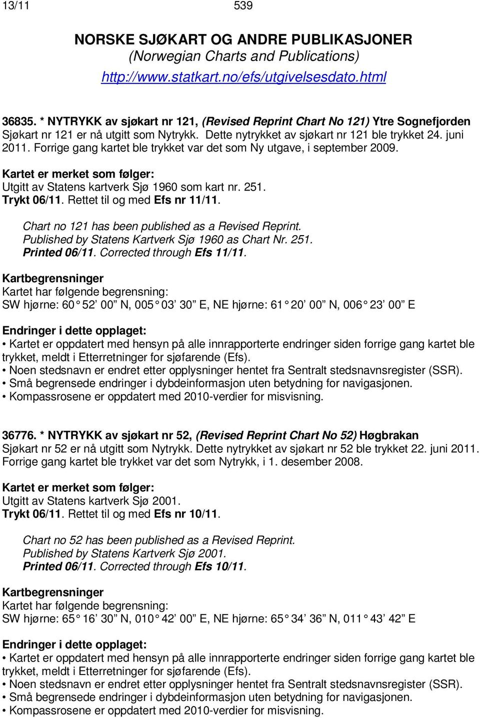 Forrige gang kartet ble trykket var det som Ny utgave, i september 2009. Kartet er merket som følger: Utgitt av Statens kartverk Sjø 1960 som kart nr. 251. Trykt 06/11. Rettet til og med Efs nr 11/11.