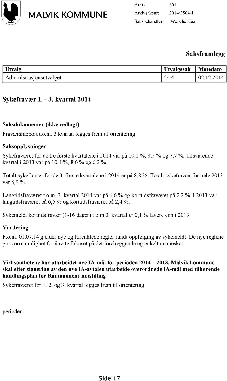 Tilsvarende kvartal i 2013 var på 10,4 %, 8,6 % og 6,3 %. Totalt sykefravær for de 3. første kvartalene i 2014 er på 8,8 %. Totalt sykefravær for hele 2013 var 8,9 %. Langtidsfraværet t.o.m. 3. kvartal 2014 var på 6,6 % og korttidsfraværet på 2,2 %.