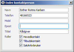 Roller: Rollene i en rekrutteringssak er hovedkontakt, tilbudskontakt og sak/ arkivbruker. Hver rolle kan kun tildeles en person. (Dvs.