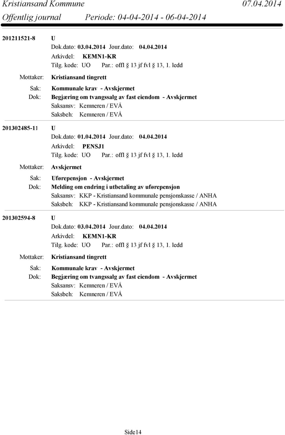 04.2014 Arkivdel: KEMN1-KR Kristiansand tingrett Kommunale krav - Begjæring om tvangssalg av fast eiendom - Saksansv: Kemneren / EVÅ Saksbeh: Kemneren / EVÅ