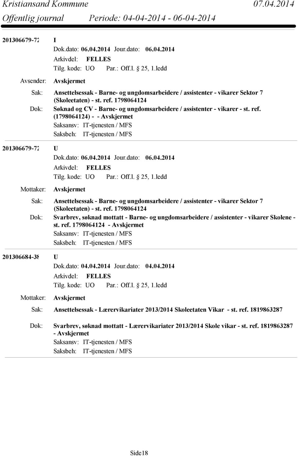 (1798064124) - - 201306679-72 U Ansettelsessak - Barne- og ungdomsarbeidere / assistenter - vikarer Sektor 7 (Skoleetaten) - st. ref.