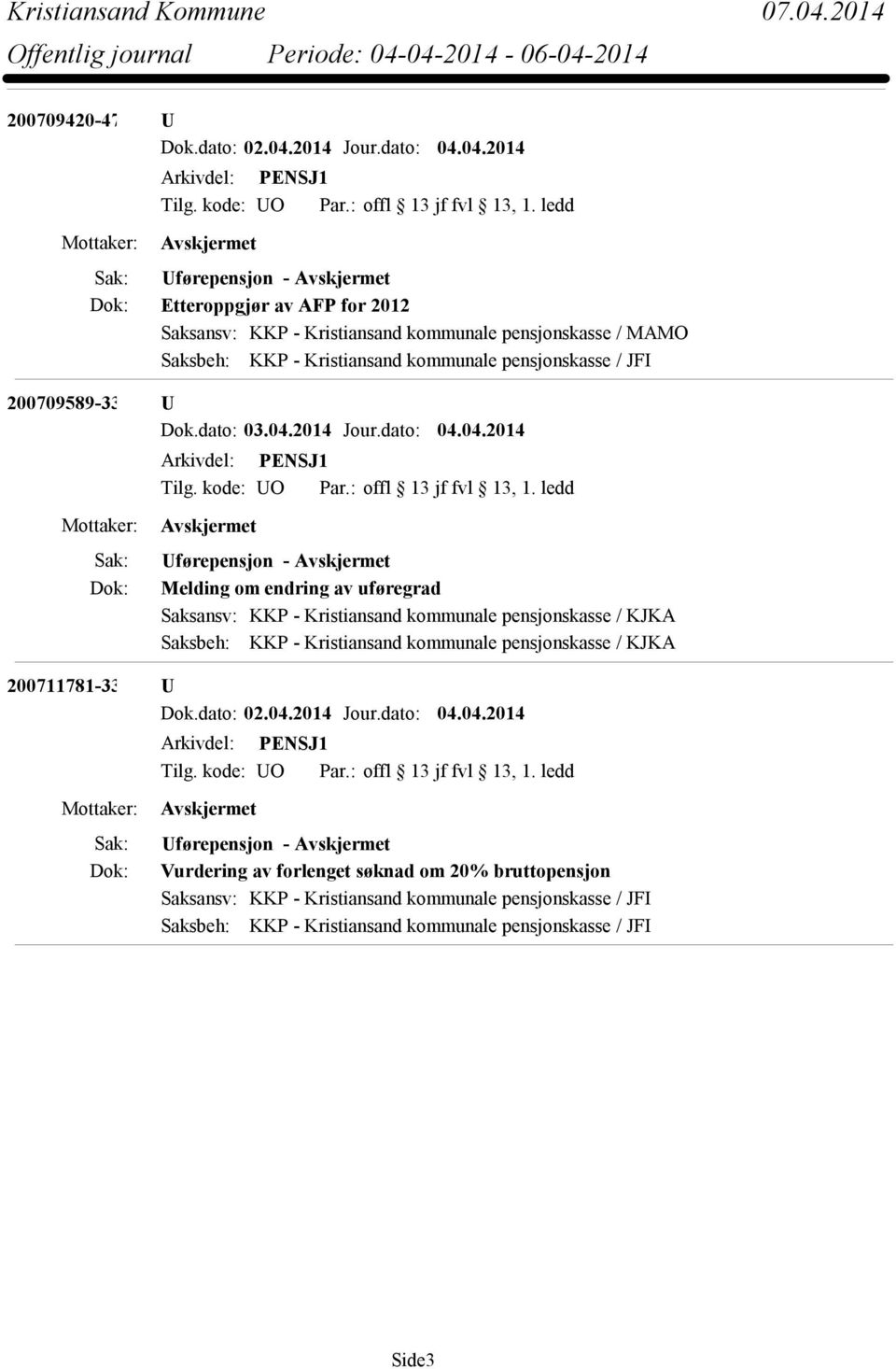 04.2014 Arkivdel: PENSJ1 Uførepensjon - Etteroppgjør av AFP for 2012 Saksansv: KKP - Kristiansand kommunale pensjonskasse / MAMO Saksbeh: KKP - Kristiansand kommunale pensjonskasse /