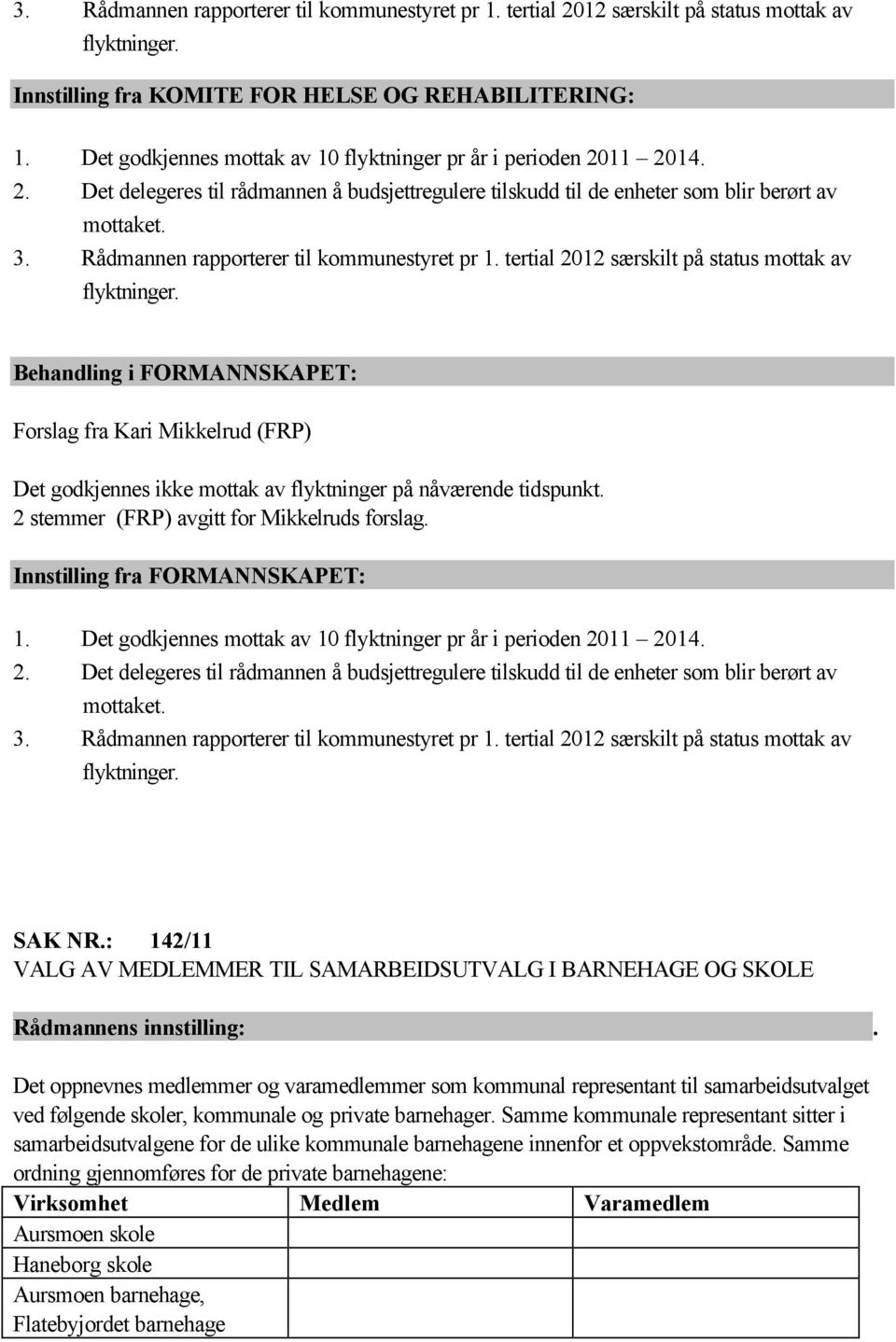 Rådmannen rapporterer til kommunestyret pr 1. tertial 2012 særskilt på status mottak av flyktninger.