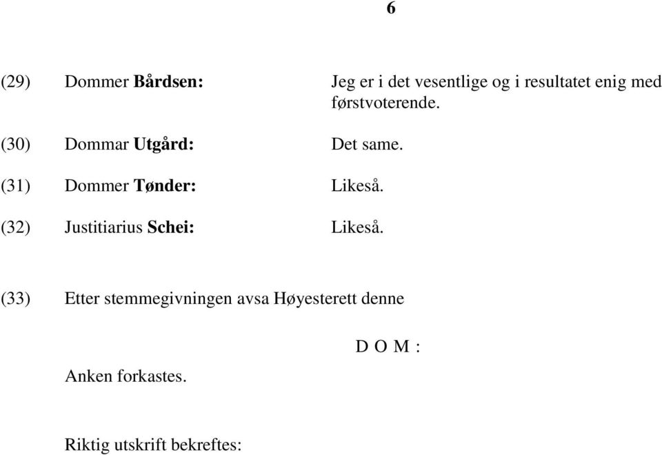 (31) Dommer Tønder: Likeså. (32) Justitiarius Schei: Likeså.