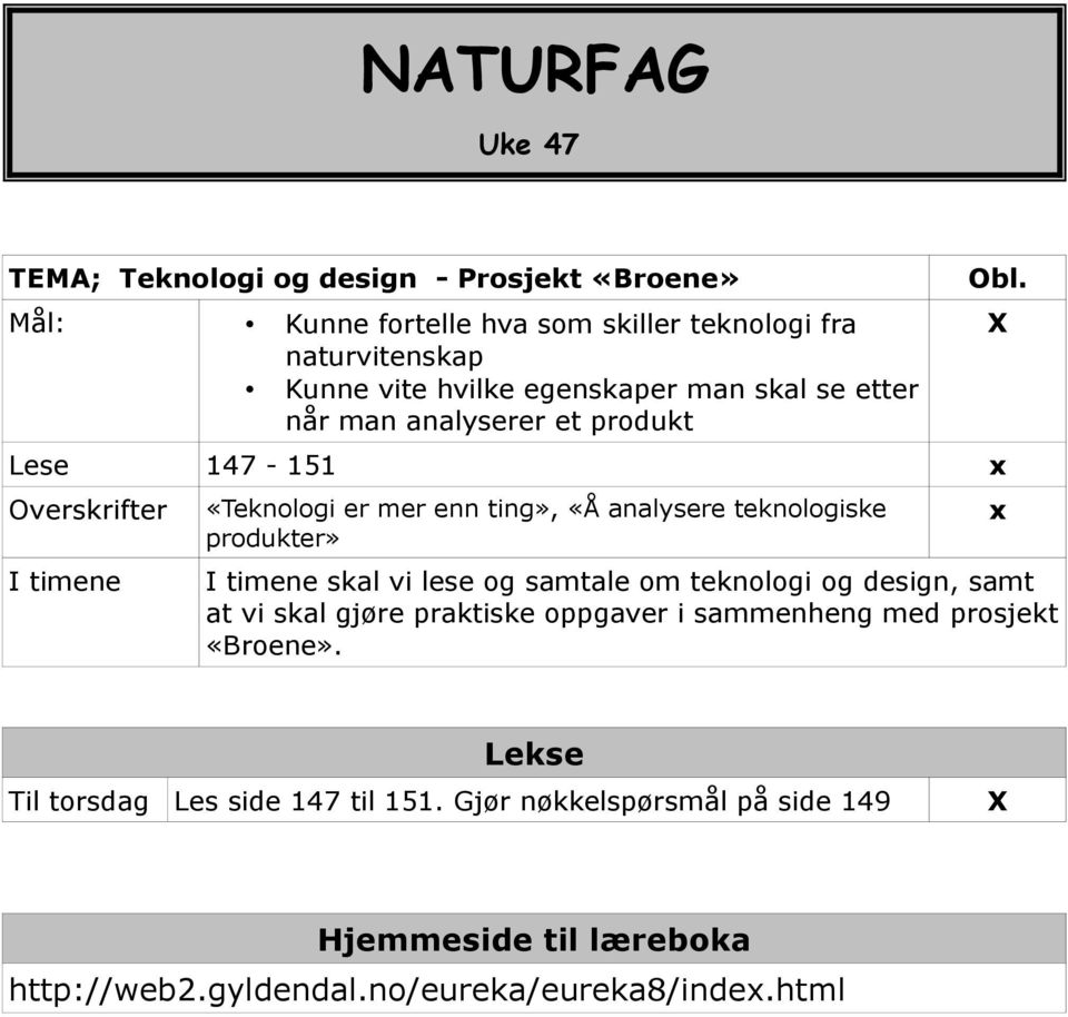 produkter» Obl. I timene skal vi lese og samtale om teknologi og design, samt at vi skal gjøre praktiske oppgaver i sammenheng med prosjekt «Broene».