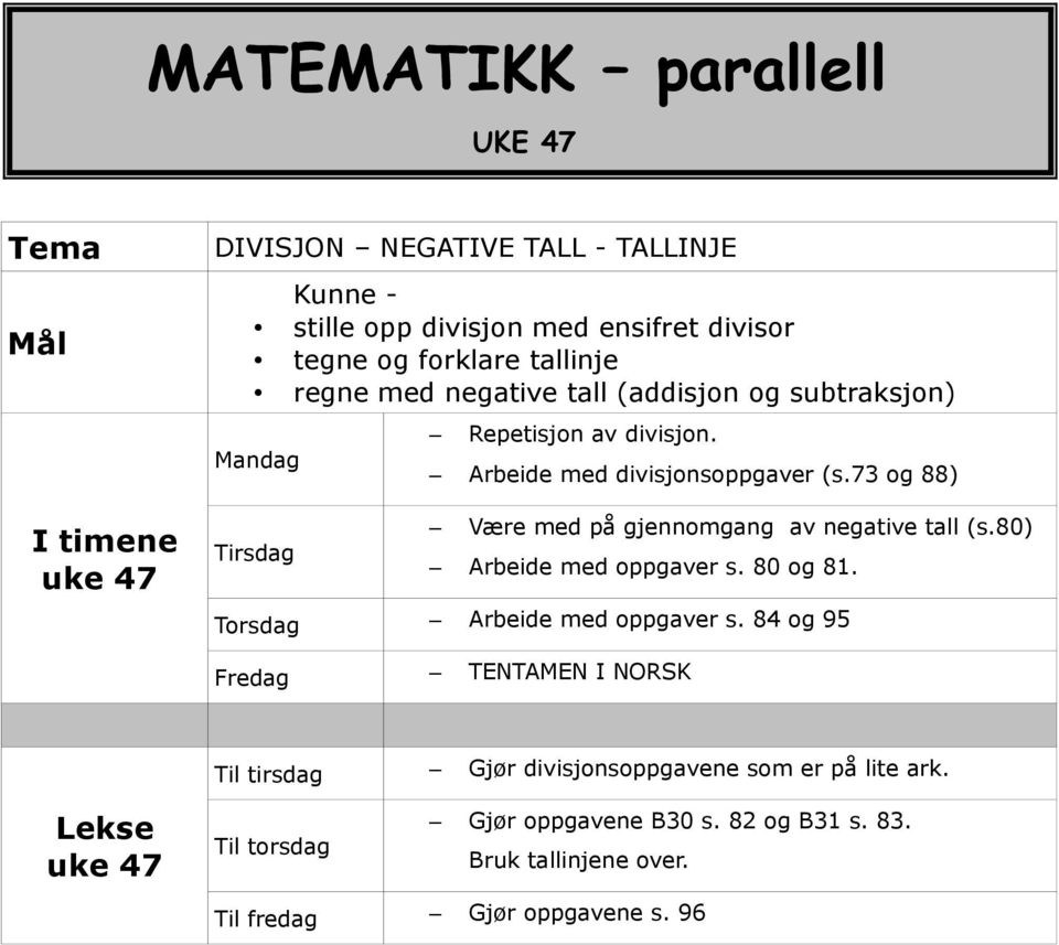 73 og 88) Være med på gjennomgang av negative tall (s.80) Arbeide med oppgaver s. 80 og 81. Torsdag Arbeide med oppgaver s.