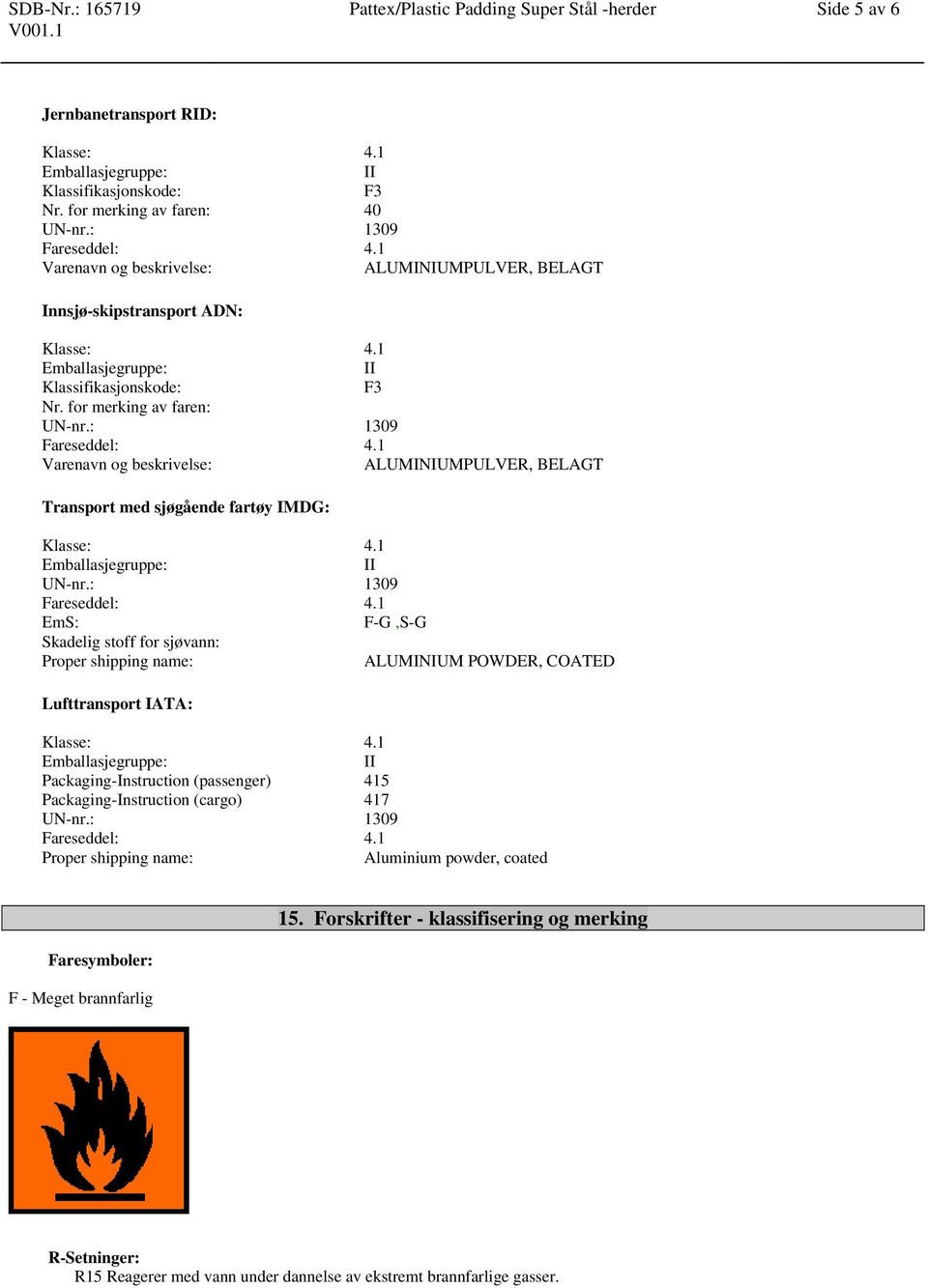 1 Varenavn og beskrivelse: ALUMINIUMPULVER, BELAGT Transport med sjøgående fartøy IMDG: Klasse: 4.1 II UN-nr.: 1309 Fareseddel: 4.