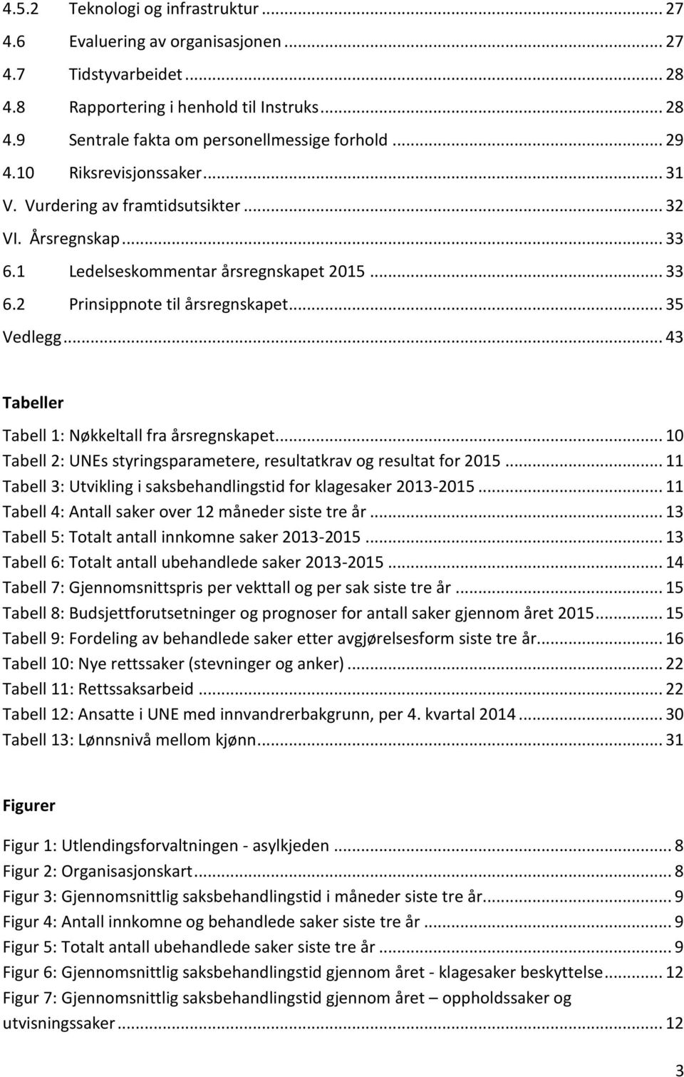 .. 43 Tabeller Tabell 1: Nøkkeltall fra årsregnskapet... 10 Tabell 2: UNEs styringsparametere, resultatkrav og resultat for 2015... 11 Tabell 3: Utvikling i saksbehandlingstid for klagesaker 2013-2015.