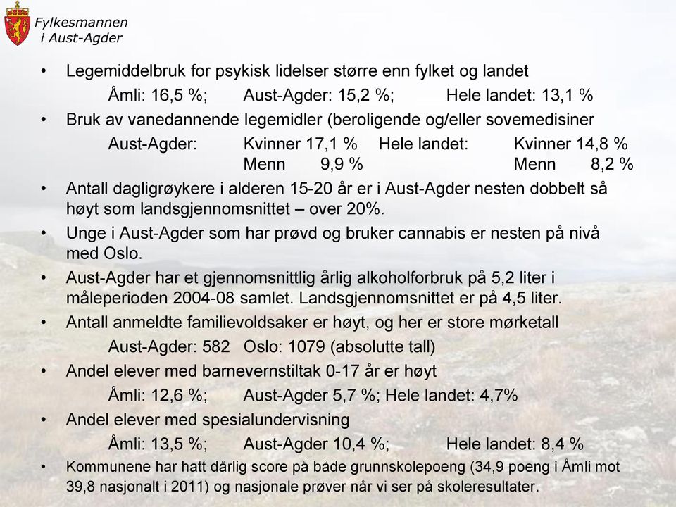 Unge i Aust-Agder som har prøvd og bruker cannabis er nesten på nivå med Oslo. Aust-Agder har et gjennomsnittlig årlig alkoholforbruk på 5,2 liter i måleperioden 2004-08 samlet.