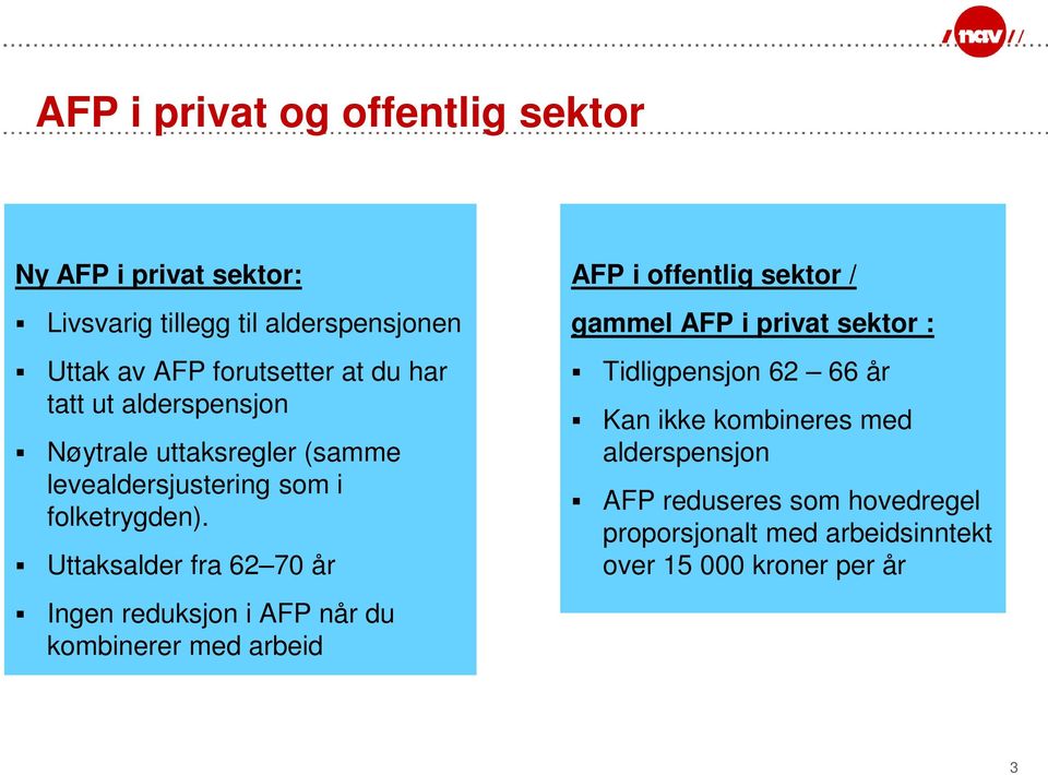 Uttaksalder fra 62 70 år Ingen reduksjon i AFP når du kombinerer med arbeid AFP i offentlig sektor / gammel AFP i privat