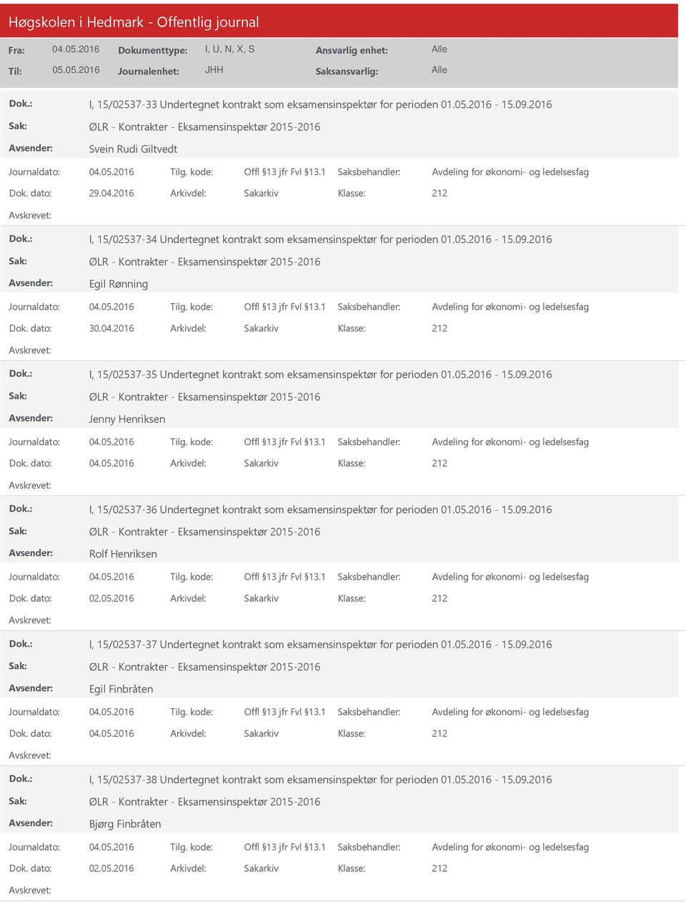 2016 Arkivdel: Sakarkiv I, 15/02537-35 ndertegnet kontrakt som eksamensinspektør for perioden 01.05.2016-15.09.2016 Jenny Henriksen Dok.