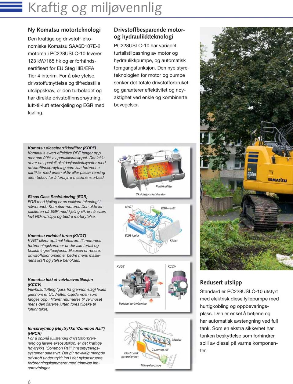 Drivstoffbesparende motorog hydraulikkteknologi PC228USLC-10 har variabel turtallstilpasning av motor og hydraulikkpumpe, og automatisk tomgangsfunksjon.