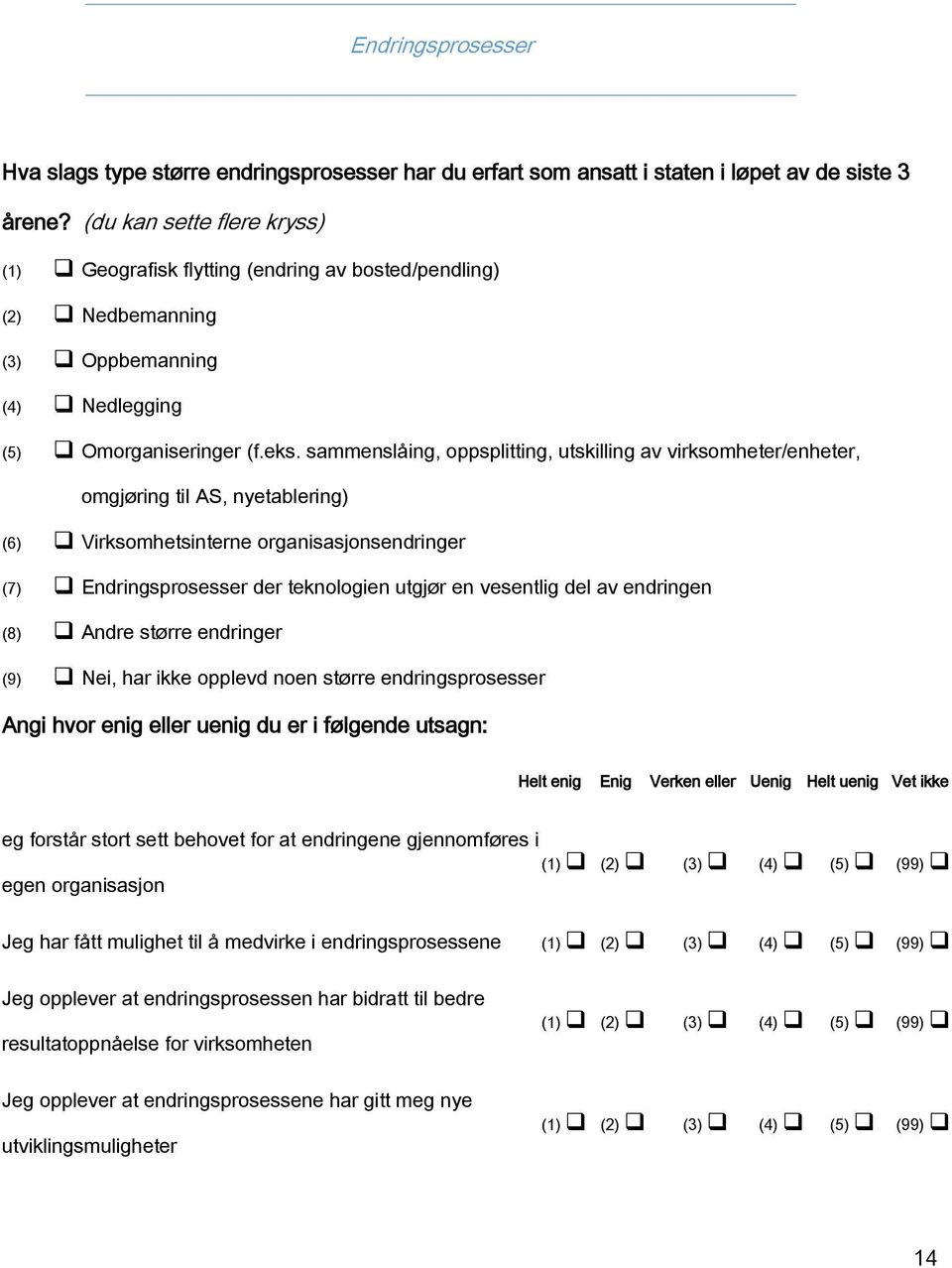 sammenslåing, oppsplitting, utskilling av virksomheter/enheter, omgjøring til AS, nyetablering) (6) Virksomhetsinterne organisasjonsendringer (7) Endringsprosesser der teknologien utgjør en vesentlig