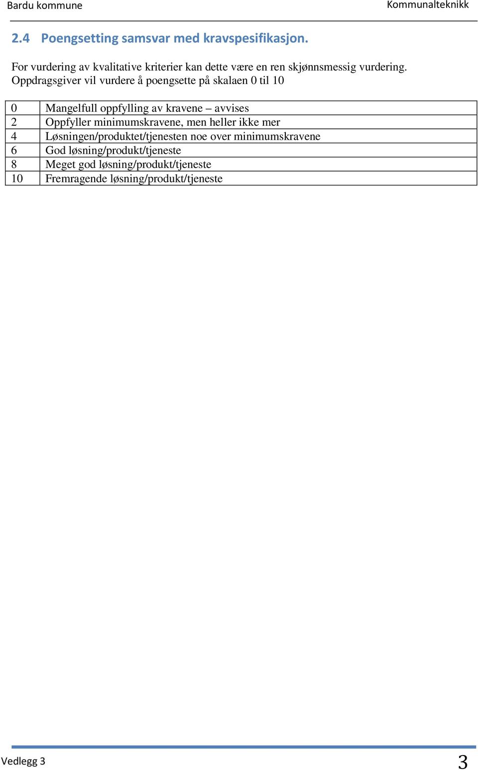 Oppdragsgiver vil vurdere å poengsette på skalaen 0 til 10 0 Mangelfull oppfylling av kravene avvises 2 Oppfyller
