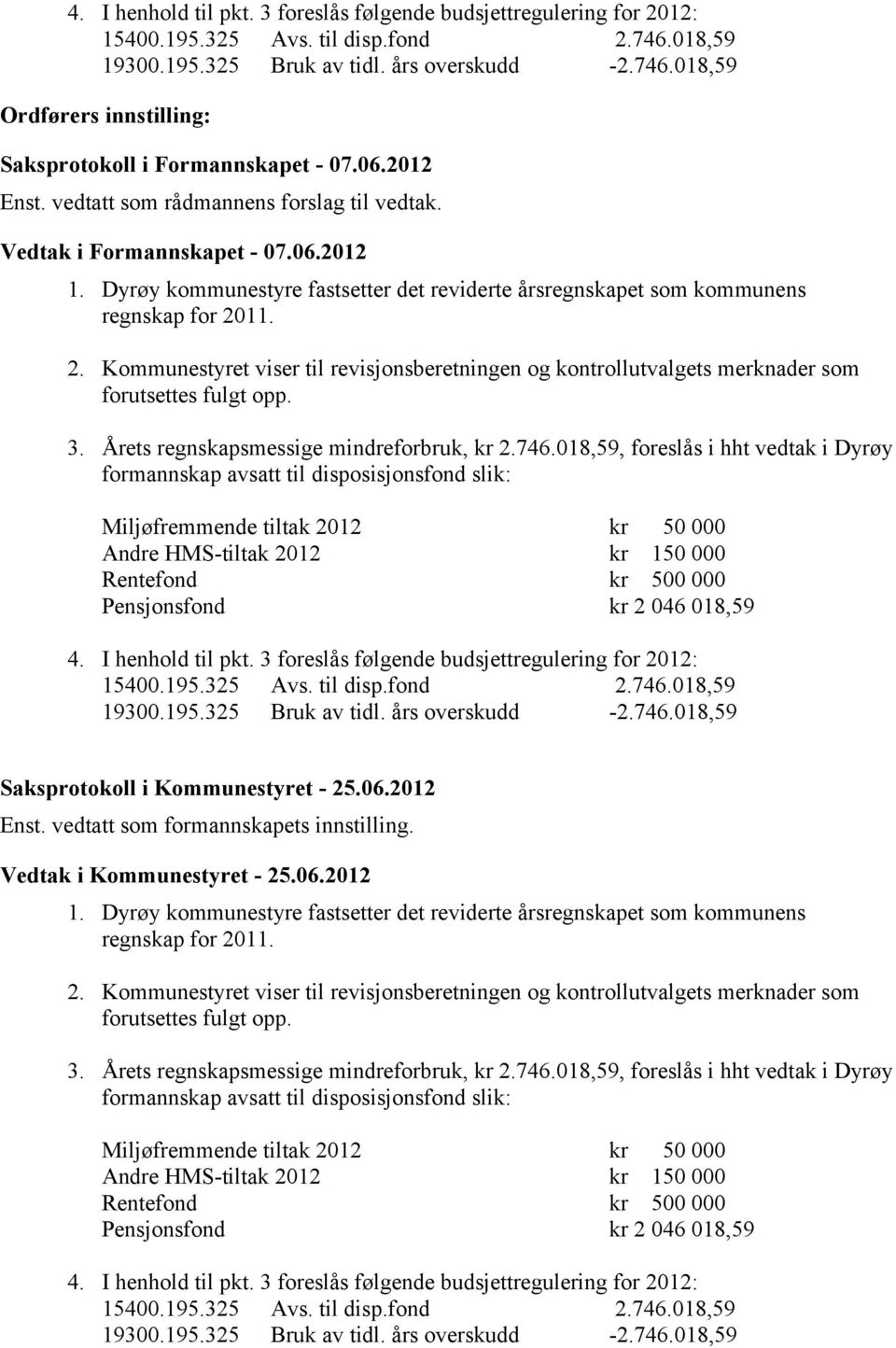 11. 2. Kommunestyret viser til revisjonsberetningen og kontrollutvalgets merknader som forutsettes fulgt opp. 3. Årets regnskapsmessige mindreforbruk, kr 2.746.