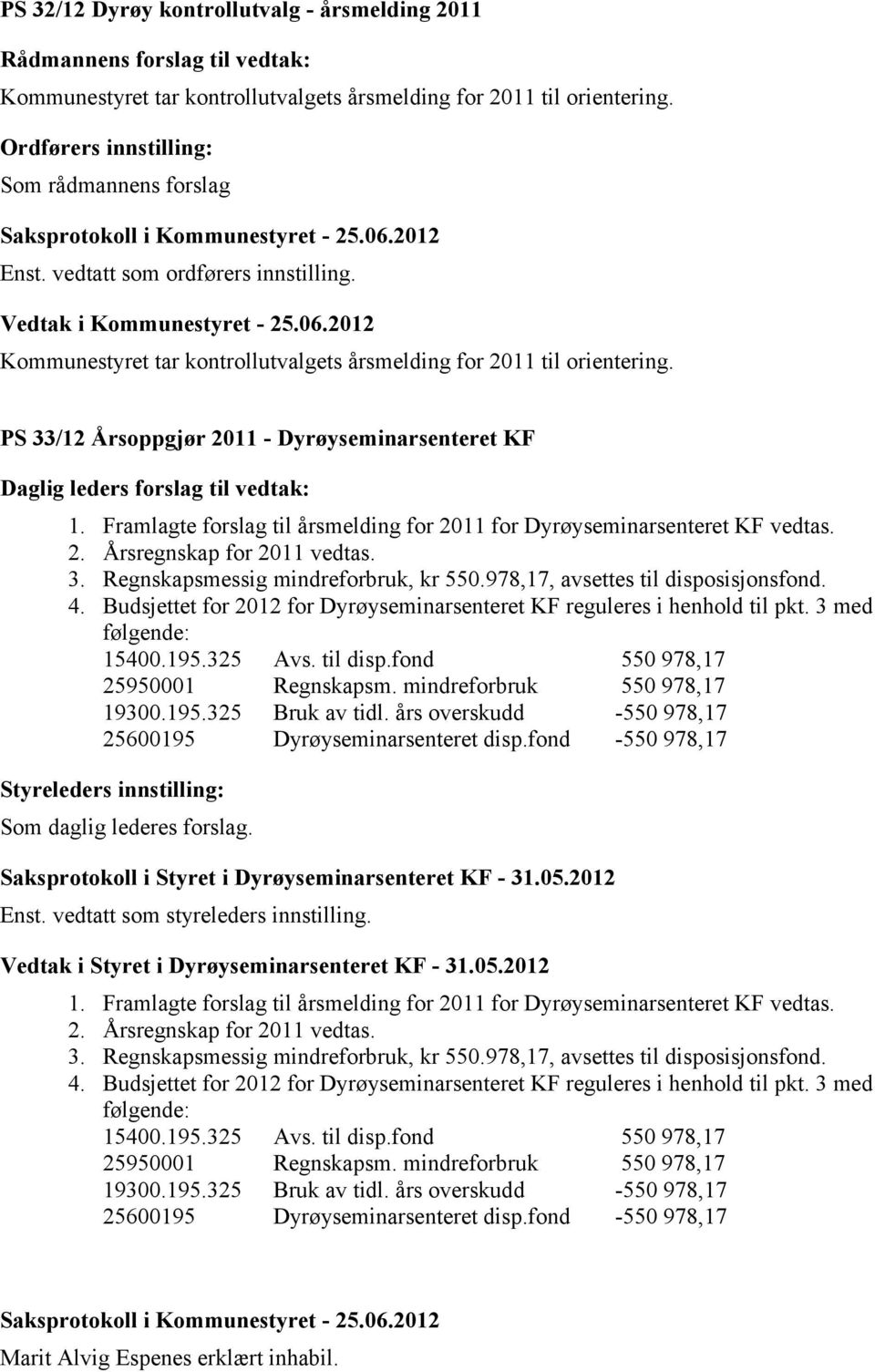 Framlagte forslag til årsmelding for 2011 for Dyrøyseminarsenteret KF vedtas. 2. Årsregnskap for 2011 vedtas. 3. Regnskapsmessig mindreforbruk, kr 550.978,17, avsettes til disposisjonsfond. 4.