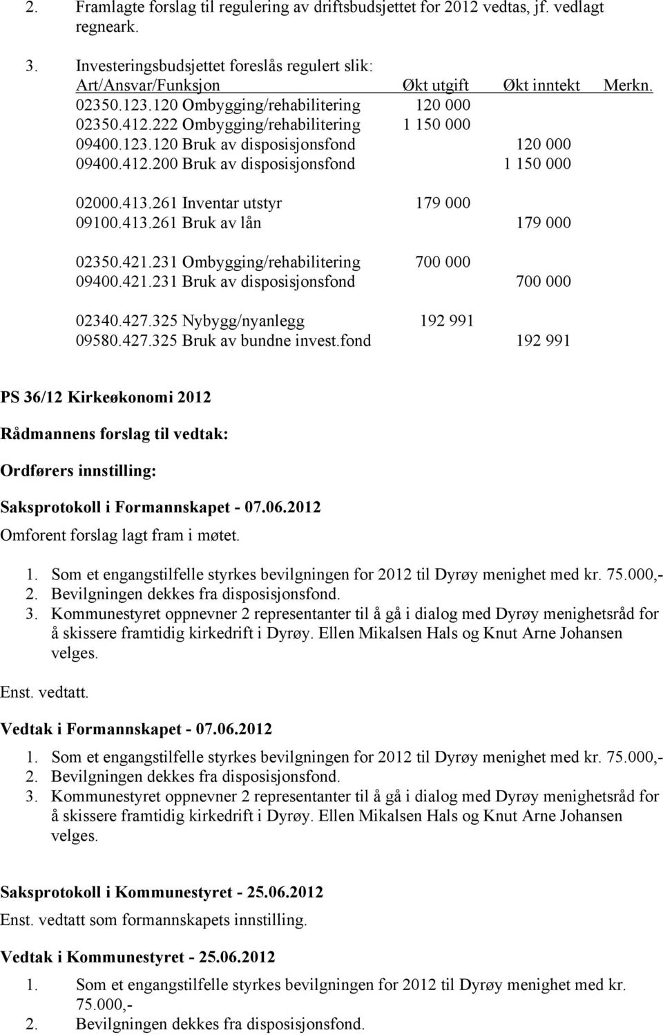 413.261 Inventar utstyr 179 000 09100.413.261 Bruk av lån 179 000 02350.421.231 Ombygging/rehabilitering 700 000 09400.421.231 Bruk av disposisjonsfond 700 000 02340.427.