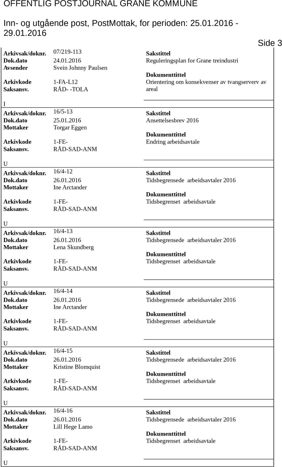 16/5-13 Sakstittel Dok.dato 25.01.2016 Ansettelsesbrev 2016 Mottaker Torgar Eggen Arkivkode 1-FE- Endring arbeidsavtale Arkivsak/doknr.