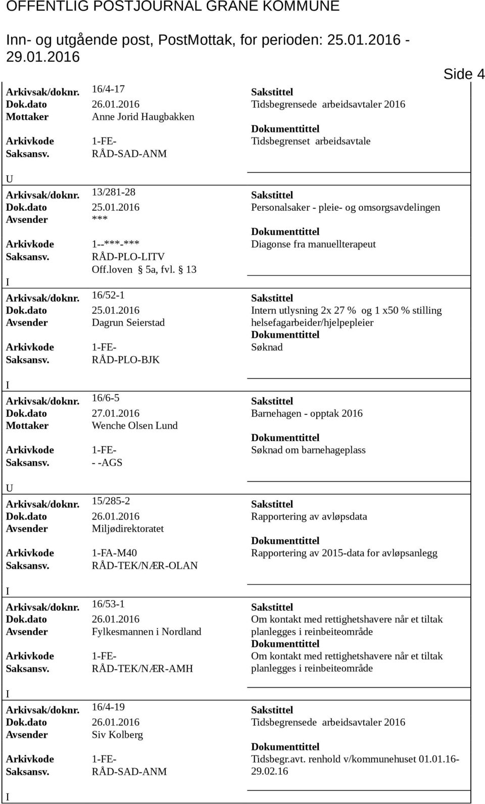 13 Arkivsak/doknr. 16/52-1 Sakstittel Dok.dato 25.01.2016 ntern utlysning 2x 27 % og 1 x50 % stilling Avsender Dagrun Seierstad helsefagarbeider/hjelpepleier Arkivkode 1-FE- Søknad Saksansv.