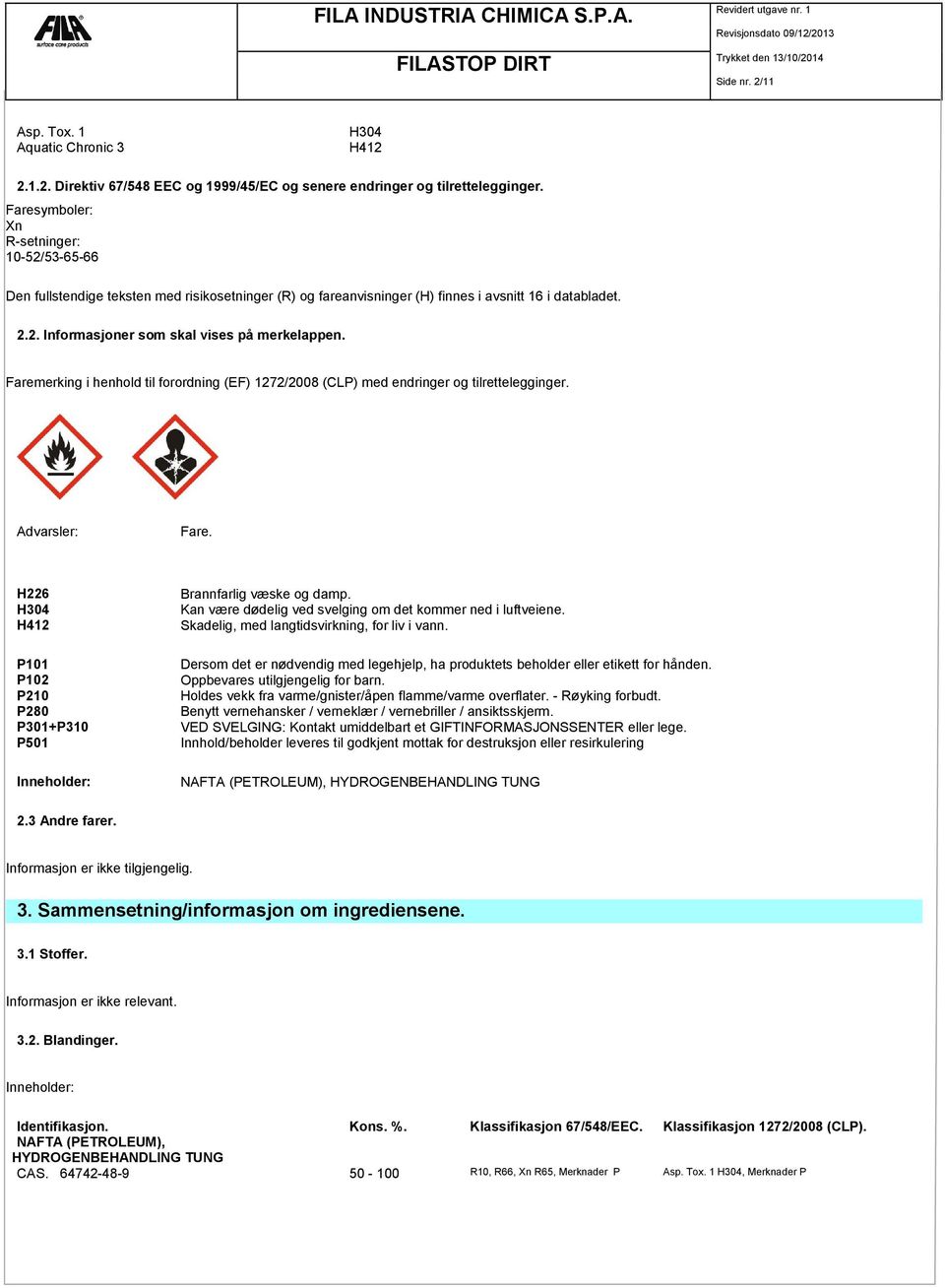 Faremerking i henhold til forordning (EF) 1272/2008 (CLP) med endringer og tilrettelegginger. Advarsler: Fare. H226 H304 H412 P101 P102 P210 P280 P301+P310 P501 Inneholder: Brannfarlig væske og damp.