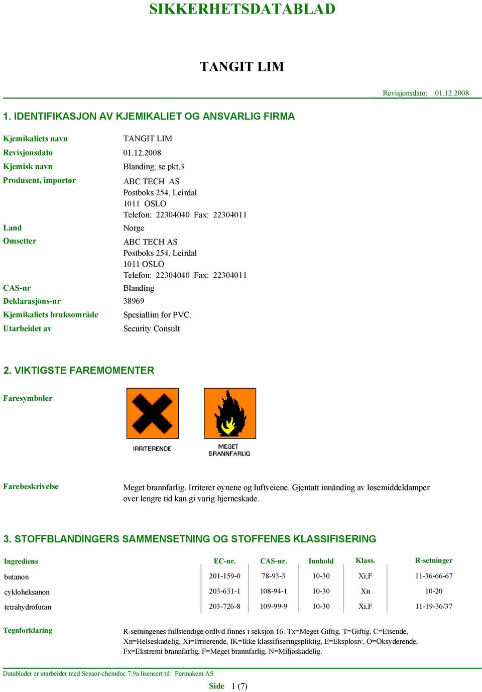 Kjemikaliets bruksområde Utarbeidet av Spesiallim for PVC. Security Consult 2. VIKTIGSTE FAREMOMENTER Faresymboler Farebeskrivelse Meget brannfarlig. Irriterer øynene og luftveiene.