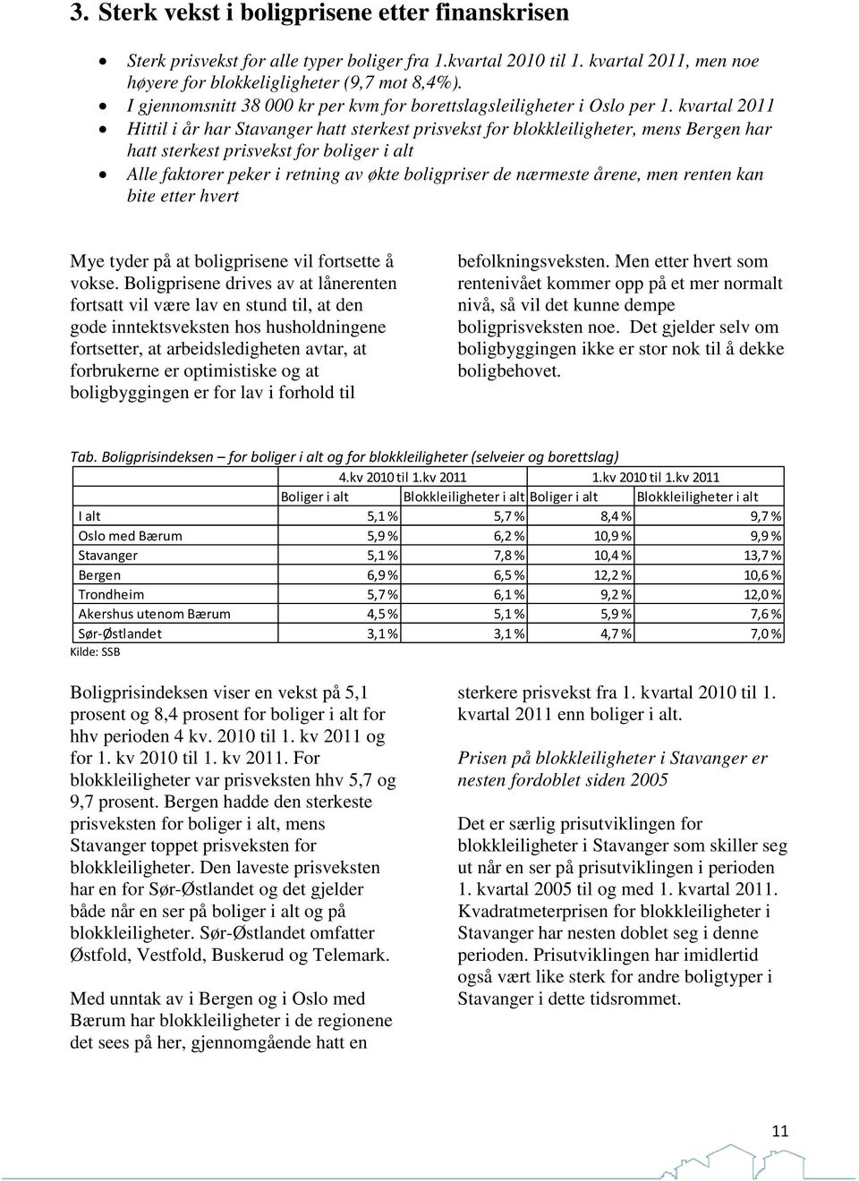 kvartal 2011 Hittil i år har Stavanger hatt sterkest prisvekst for blokkleiligheter, mens Bergen har hatt sterkest prisvekst for boliger i alt Alle faktorer peker i retning av økte boligpriser de