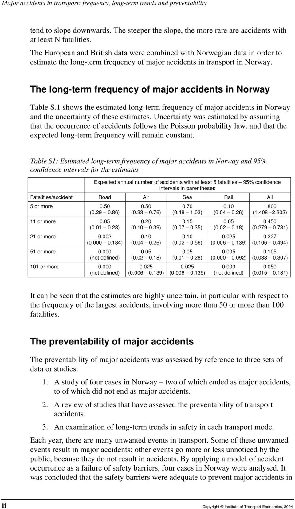 The long-term frequency of major accidents in Norway Table S.1 shows the estimated long-term frequency of major accidents in Norway and the uncertainty of these estimates.