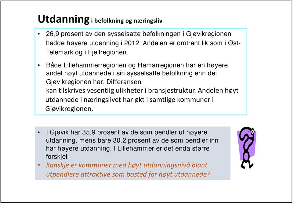 Både Lillehammerregionen og Hamarregionen har en høyere andel høyt utdannede i sin sysselsatte befolkning enn det Gjøvikregionen har.