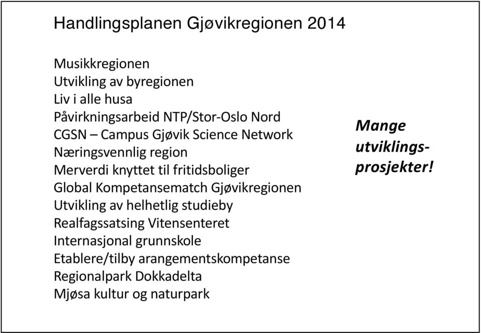 Global Kompetansematch Gjøvikregionen Utvikling av helhetlig studieby Realfagssatsing Vitensenteret Internasjonal