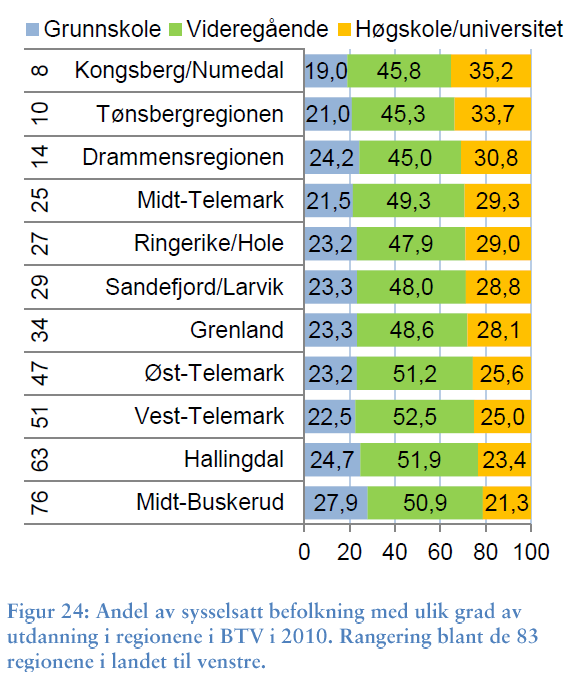 3. Utdanningsnivå 3.1 Utdanningsnivået i fylket Utdanningsnivå i befolkning og arbeidsliv er viktig for regional utvikling. Utdanningsnivået varierer mye innad både i Norge og i Buskerud.