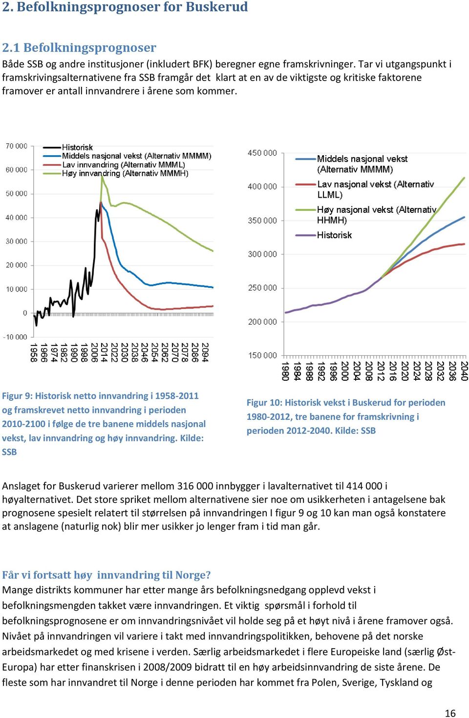 Figur 9: Historisk netto innvandring i 1958-2011 og framskrevet netto innvandring i perioden 2010-2100 i følge de tre banene middels nasjonal vekst, lav innvandring og høy innvandring.