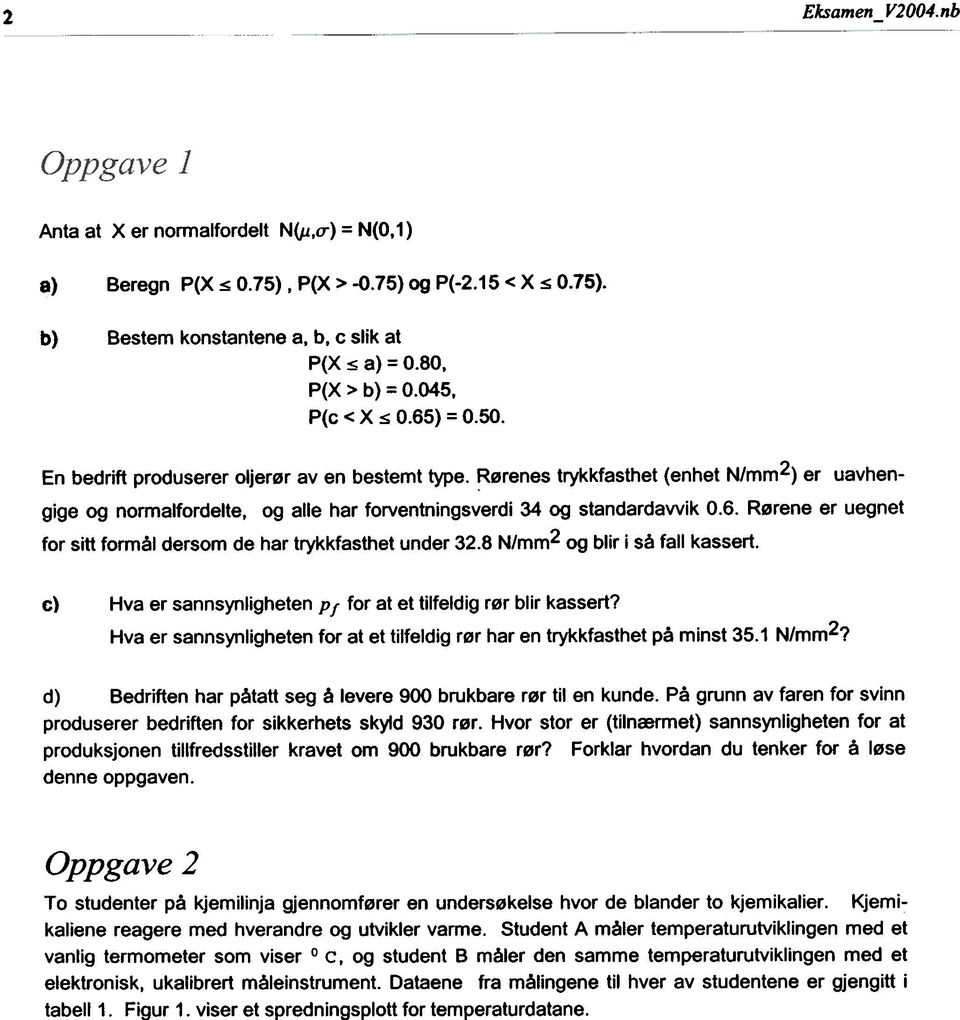 8 N/mm2 og blir i så fall kassert. c) Hva er sannsynligheten p f for at et tilfeldig rør blir kassert? Hva er sannsynligheten for at et tilfeldig rør har en trykkfasthet på minst 35.1 N/mm2?