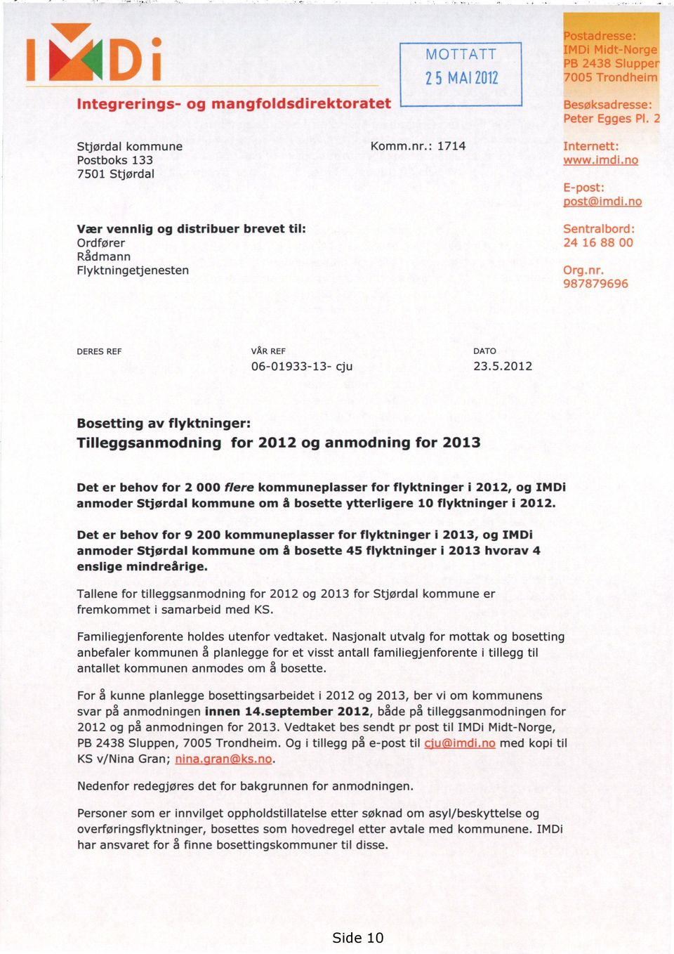 no Vær vennlig og distribuer brevet til: Sentralboro: Ordfører 24 16 88 07 Rådmann Flyktningetjenesten Org nr, 987879696 DERES REF VÅR REF DATO 06-01933-13- cju 23.5.