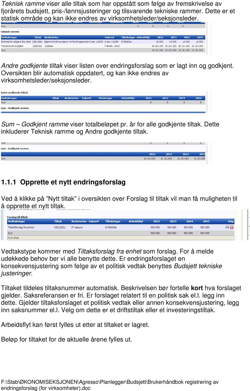 Oversikten blir automatisk oppdatert, og kan ikke endres av virksomhetsleder/seksjonsleder. Sum Godkjent ramme viser totalbeløpet pr. år for alle godkjente tiltak.