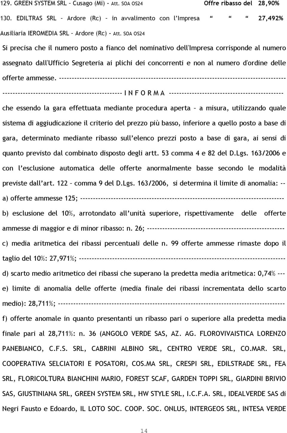 assegnato dall'ufficio Segreteria ai plichi dei concorrenti e non al numero d'ordine delle offerte ammesse.