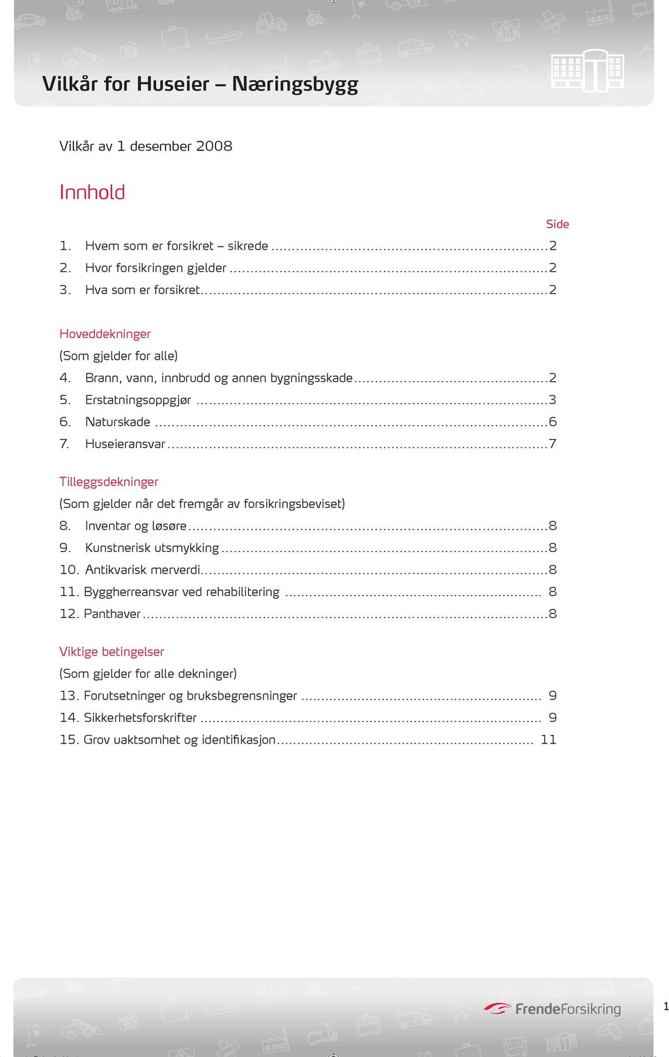 ..7 Tilleggsdekninger (Som gjelder når det fremgår av forsikringsbeviset) 8. Inventar og løsøre...8 9. Kunstnerisk utsmykking...8 10. Antikvarisk merverdi...8 11.