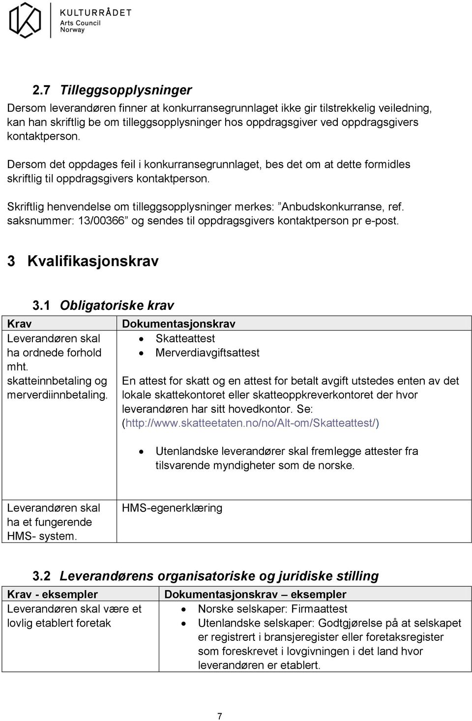 Skriftlig henvendelse om tilleggsopplysninger merkes: Anbudskonkurranse, ref. saksnummer: 13/00366 og sendes til oppdragsgivers kontaktperson pr e-post. 3 Kvalifikasjonskrav 3.