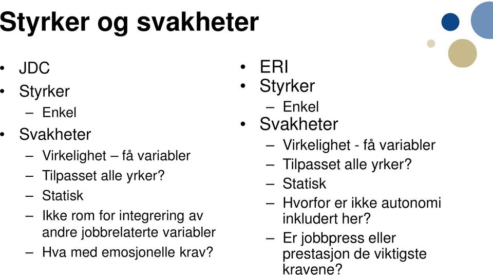 Statisk Ikke rom for integrering av andre jobbrelaterte variabler Hva med emosjonelle krav?