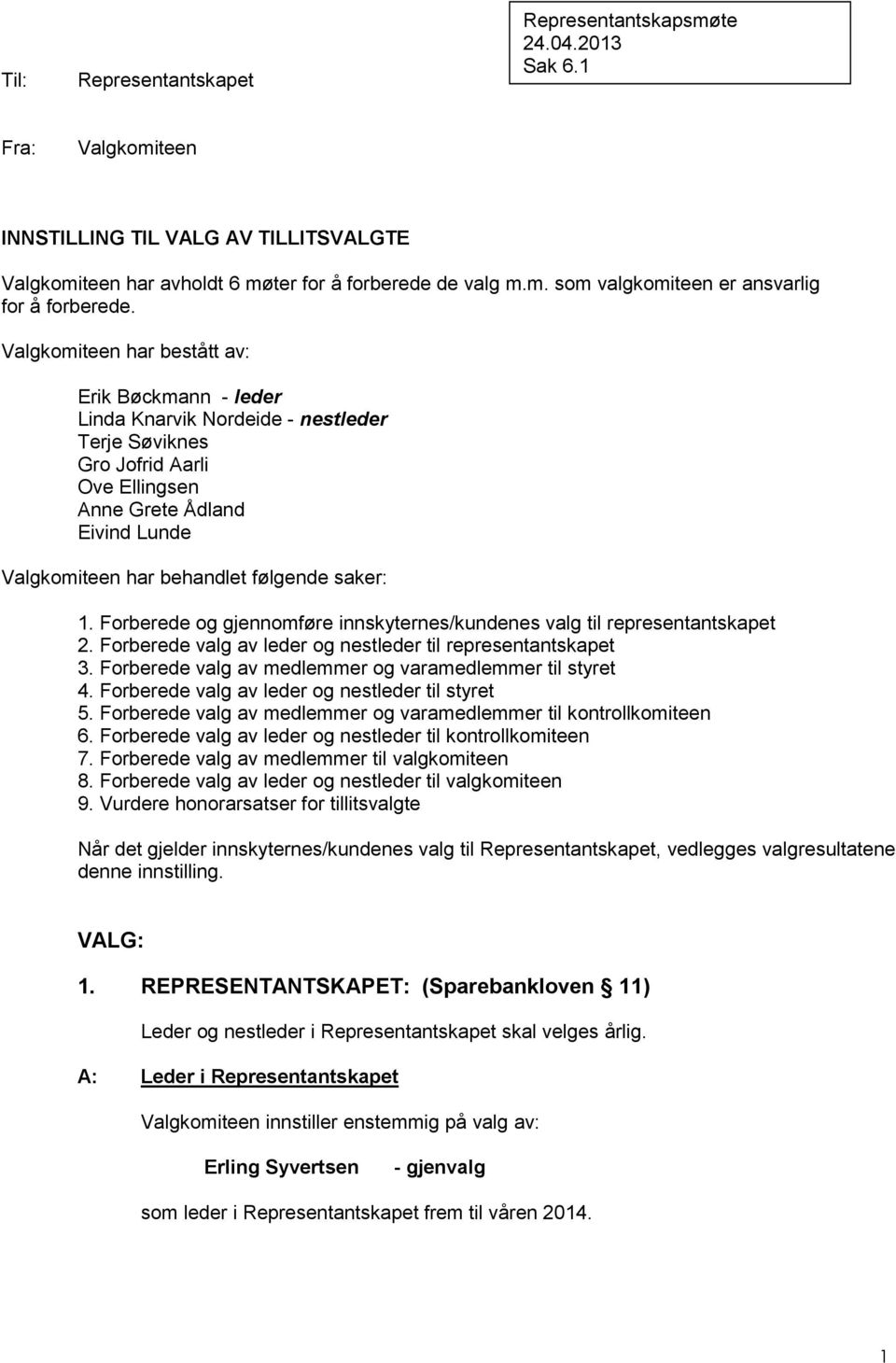 saker: 1. Forberede og gjennomføre innskyternes/kundenes valg til representantskapet 2. Forberede valg av leder og nestleder til representantskapet 3.