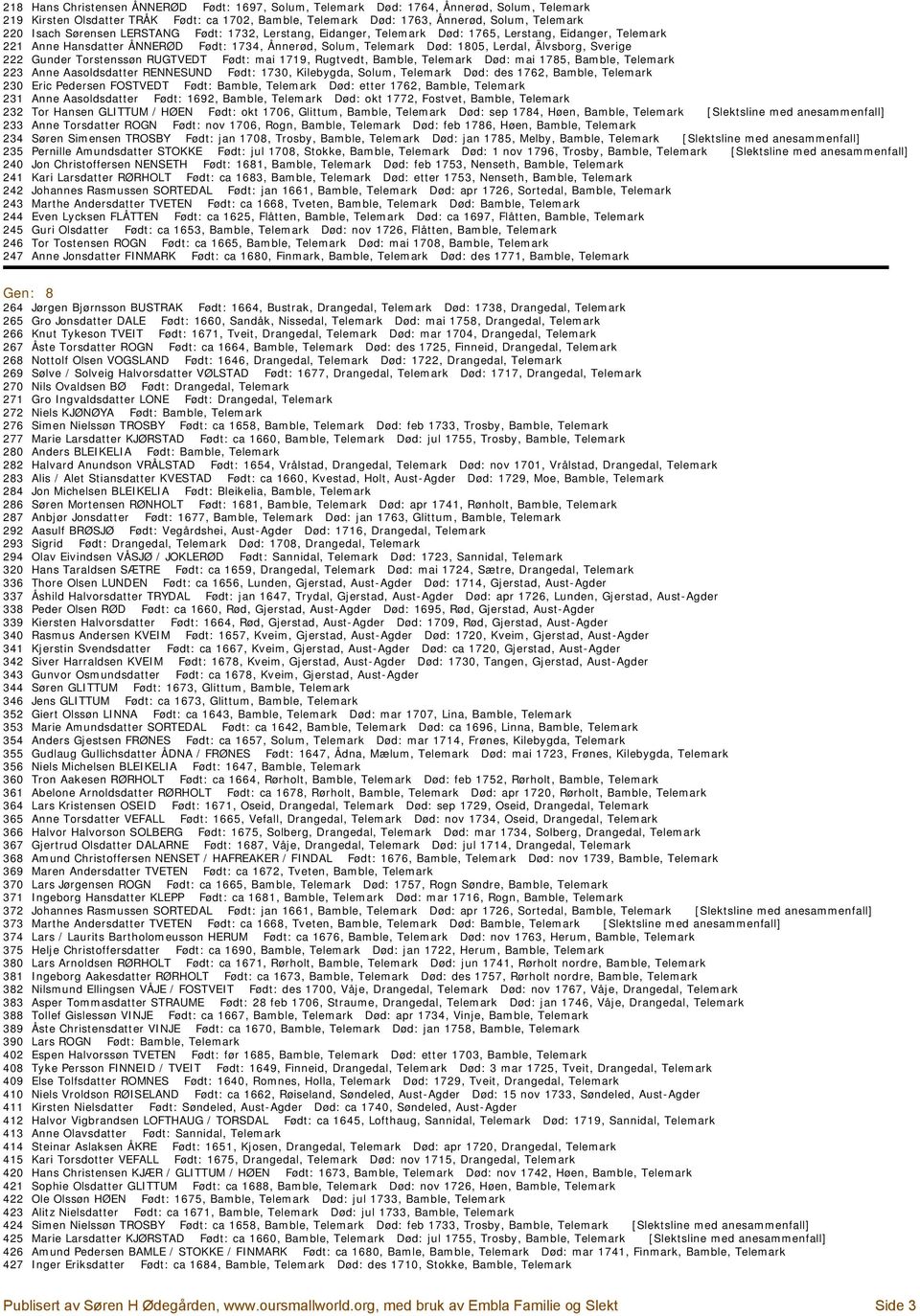 Sverige 222 Gunder Torstenssøn RUGTVEDT Født: mai 1719, Rugtvedt, Bamble, Telemark Død: mai 1785, Bamble, Telemark 223 Anne Aasoldsdatter RENNESUND Født: 1730, Kilebygda, Solum, Telemark Død: des