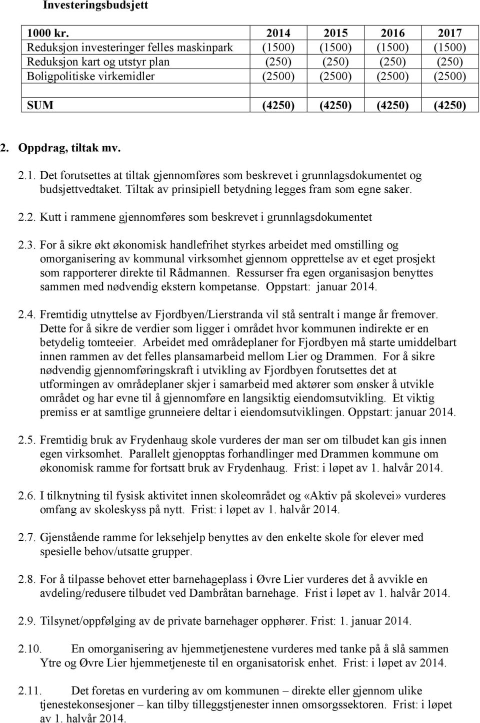 SUM (4250) (4250) (4250) (4250) 2. Oppdrag, tiltak mv. 2.1. Det forutsettes at tiltak gjennomføres som beskrevet i grunnlagsdokumentet og budsjettvedtaket.