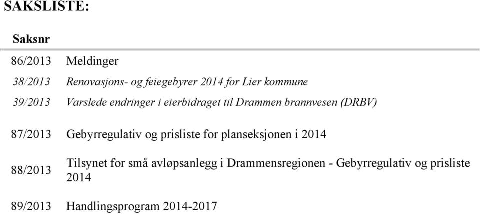 Gebyrregulativ og prisliste for planseksjonen i 2014 88/2013 Tilsynet for små