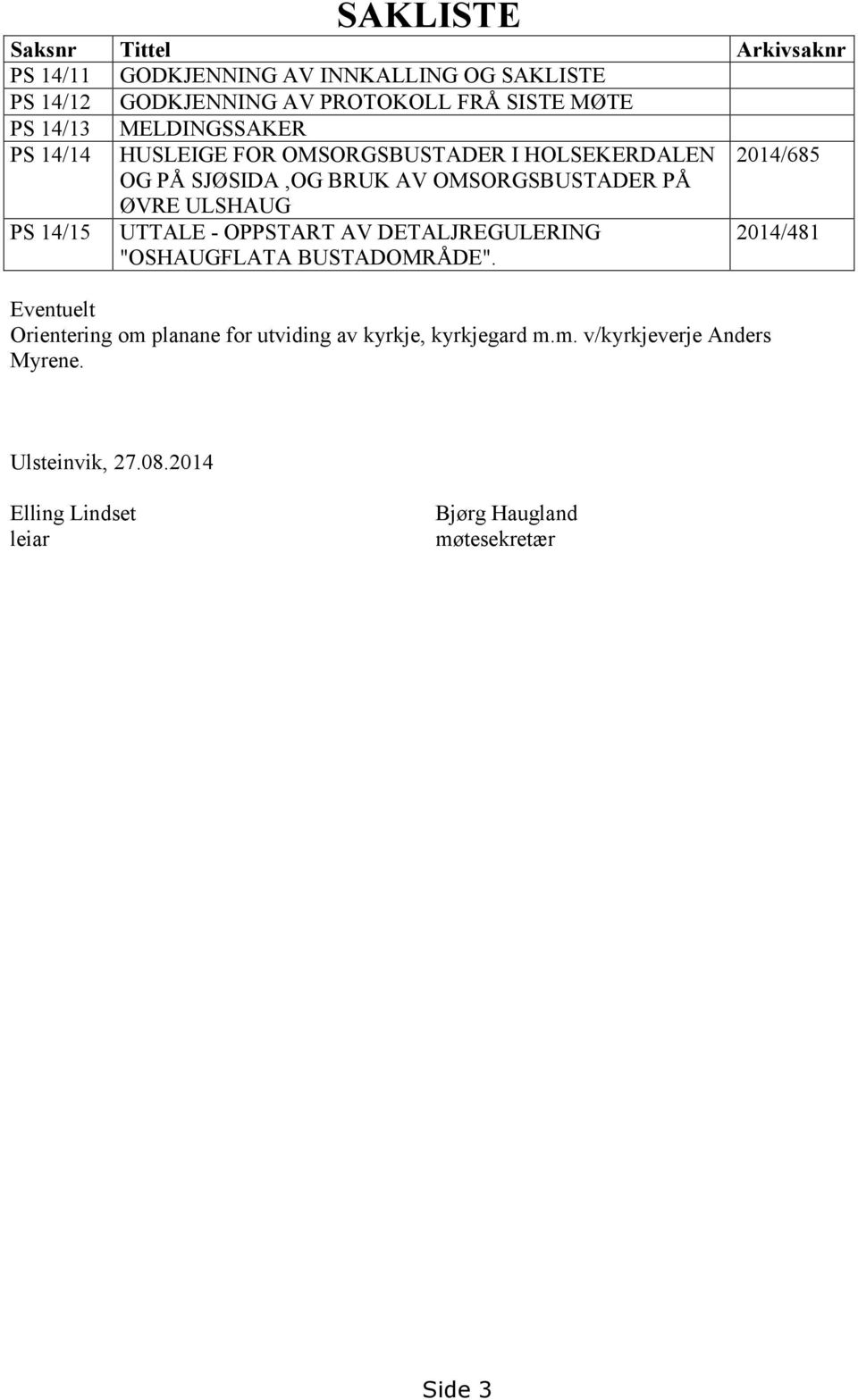 ULSHAUG PS 14/15 UTTALE - OPPSTART AV DETALJREGULERING "OSHAUGFLATA BUSTADOMRÅDE".