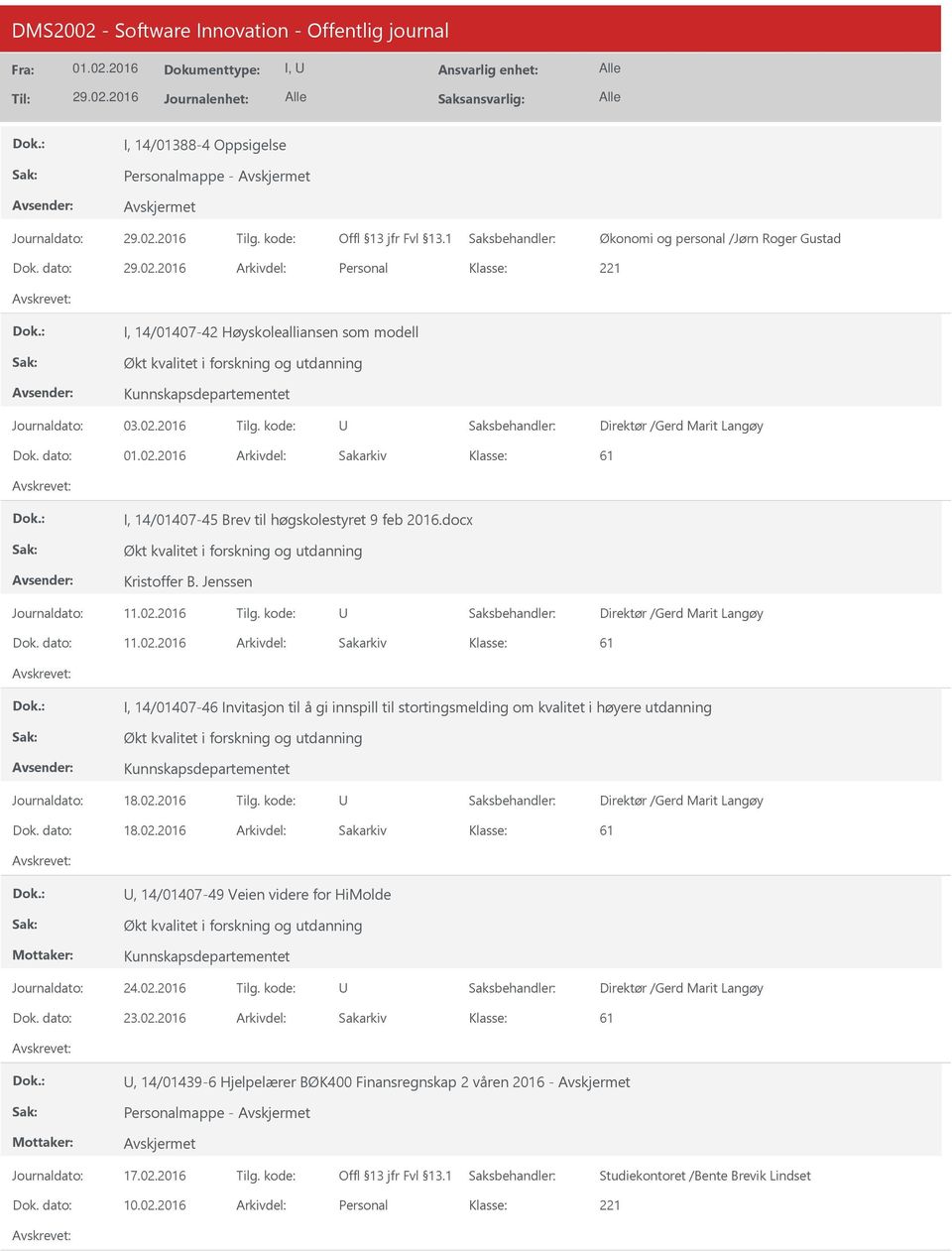 dato: Arkivdel: Sakarkiv 61 I, 14/01407-45 Brev til høgskolestyret 9 feb 2016.docx Økt kvalitet i forskning og utdanning Kristoffer B. Jenssen Journaldato: 11.02.2016 Tilg.