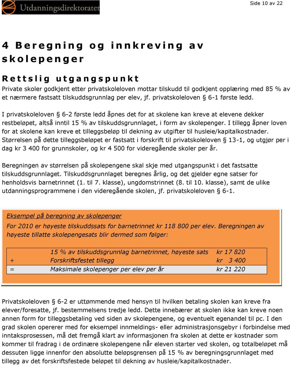 I privatskoleloven 6-2 første ledd åpnes det for at skolene kan kreve at elevene dekker restbeløpet, altså inntil 15 % av tilskuddsgrunnlaget, i form av skolepenger.